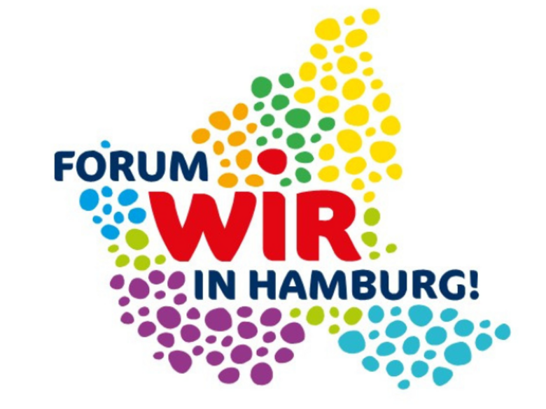 Logo vom Forum WIR: Bunte Punkte in Form der Stadt Hamburg