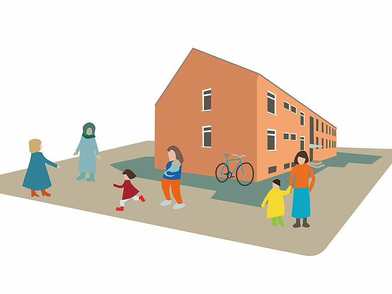 Illustration: Menschen vor einer beispielhaften Wohnunterkunft