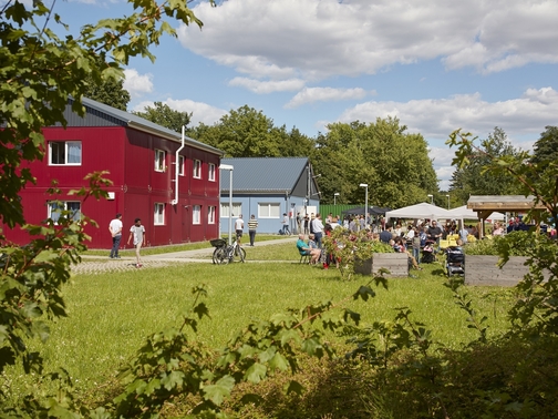 Eine sommerliche Wiese und eine Unterkunft in der Ferne 