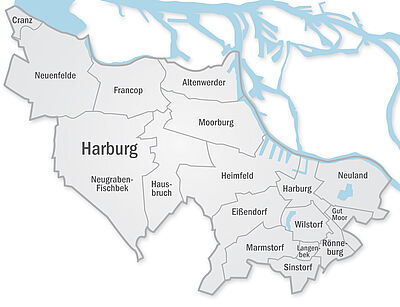 Karte des Bezirks Harburg mit Stadtteilen