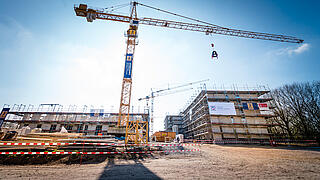 Ein hoher Kran vor einer Freifläche