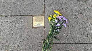 Ein Stolperstein und eine Blume