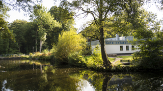 Das Bild das das Café an einem ruhigen See.