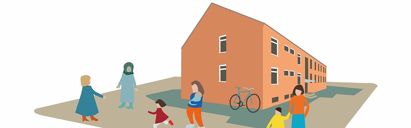 Illustration: Menschen vor einer Wohnunterkunft