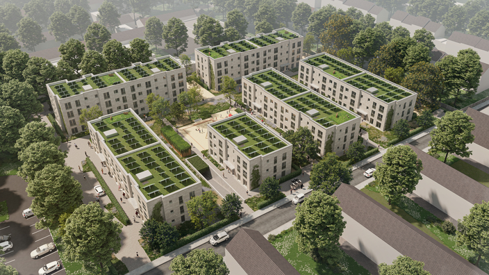 Visualisierung der 6 begrünten Neubauten aus der Vogelperspektive